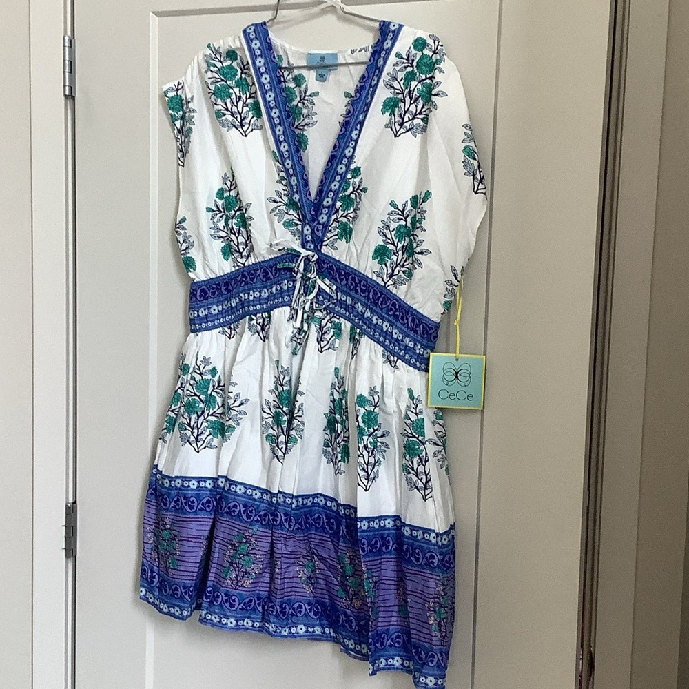CeCe White Dress with Teal Floral and Blue Trim